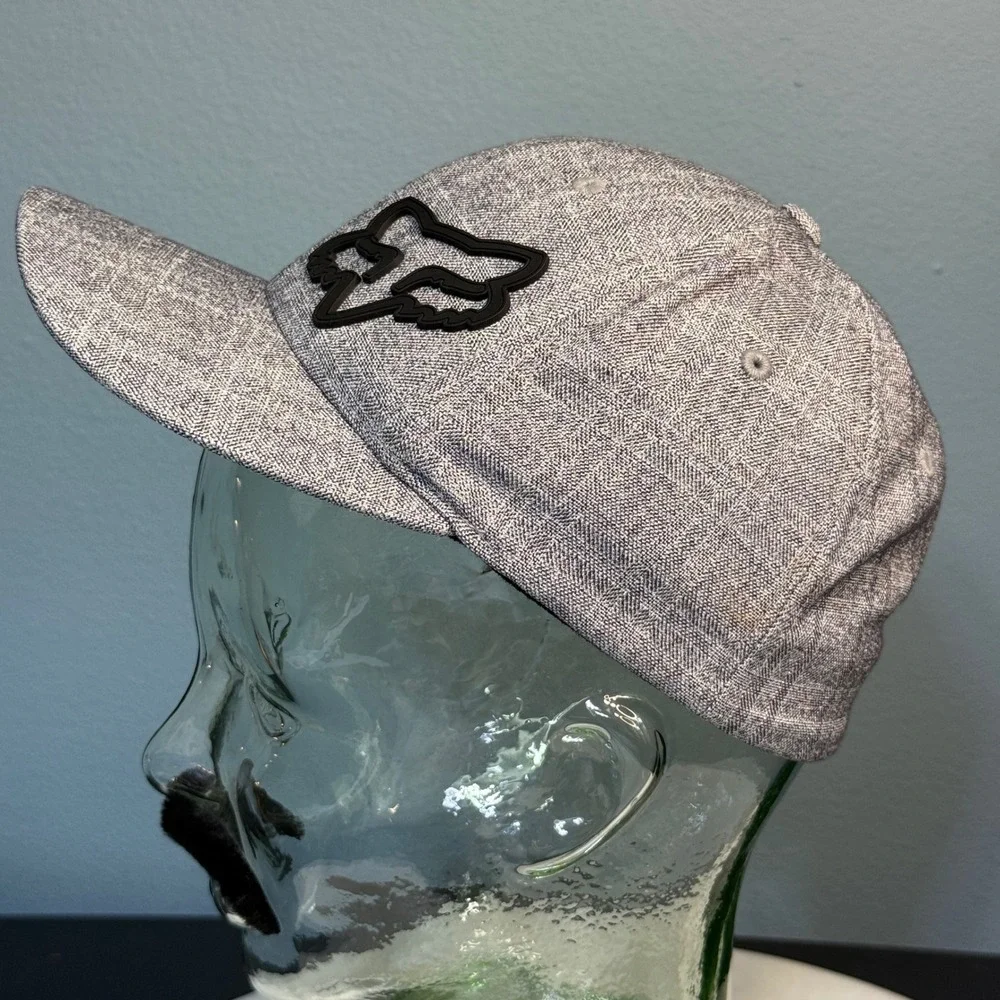 Fox Racing Kids Hat‎ Grey Herringbone Black Rubber Logo Y2K Youth Baseball Cap